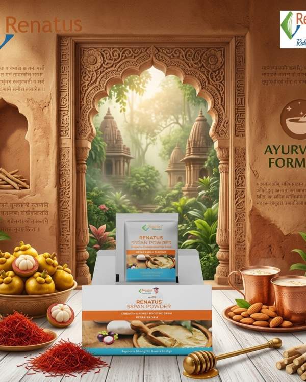 An infographic image displaying a box and a sachet of Renatus Wellness SSPAN Powder (Kesar Badam flavour) on a rustic wooden table, next to an "AYURVEDIC FORMULA" icon, for strength and power boosting.