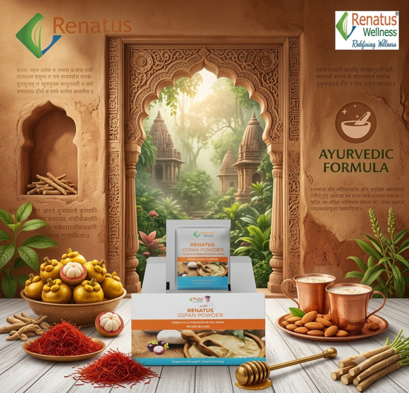 An infographic image displaying a box and a sachet of Renatus Wellness SSPAN Powder (Kesar Badam flavour) on a rustic wooden table, next to an "AYURVEDIC FORMULA" icon, for strength and power boosting.