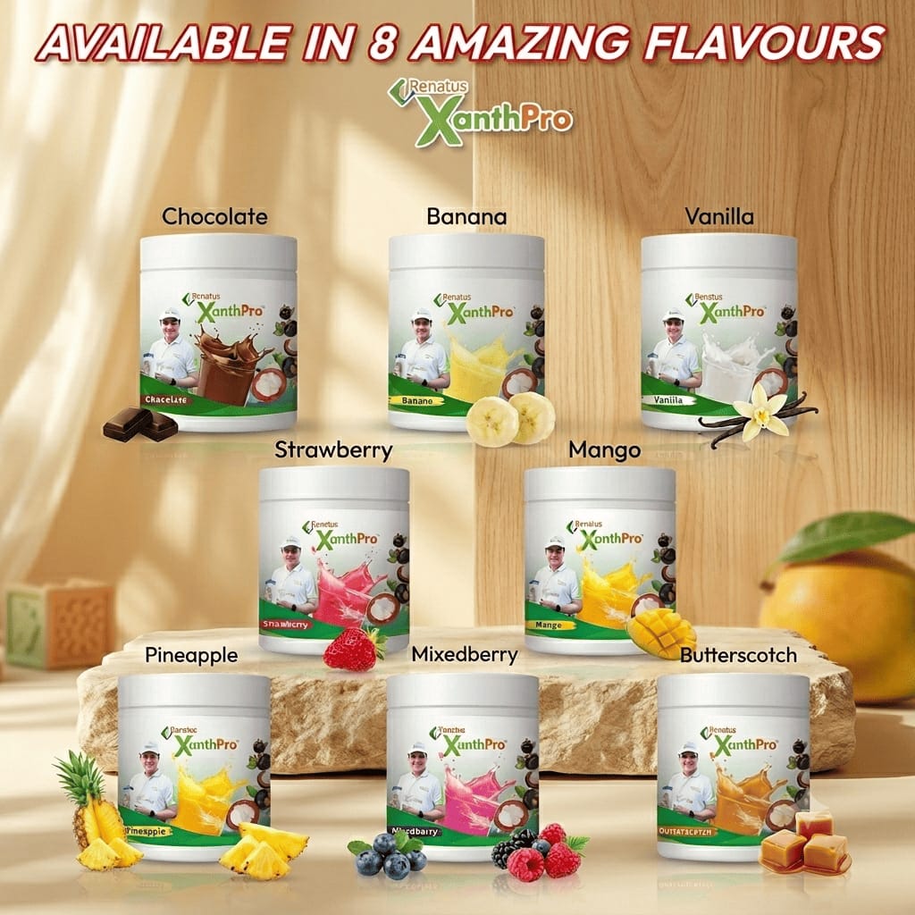 Renatus Xanthpro protin Renatus XanthPro protein nutritional drink mix displayed in eight delicious flavours including Chocolate, Banana, Vanilla, Strawberry, Mango, Pineapple, Mixed Berry, and Butterscotch.