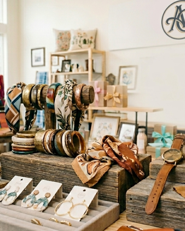 A stylish boutique display featuring fashion accessories including handbags, bracelets, scarves, earrings, watches, sunglasses, and jewelry arranged on rustic wooden stands inside a modern lifestyle store with bright natural lighting.