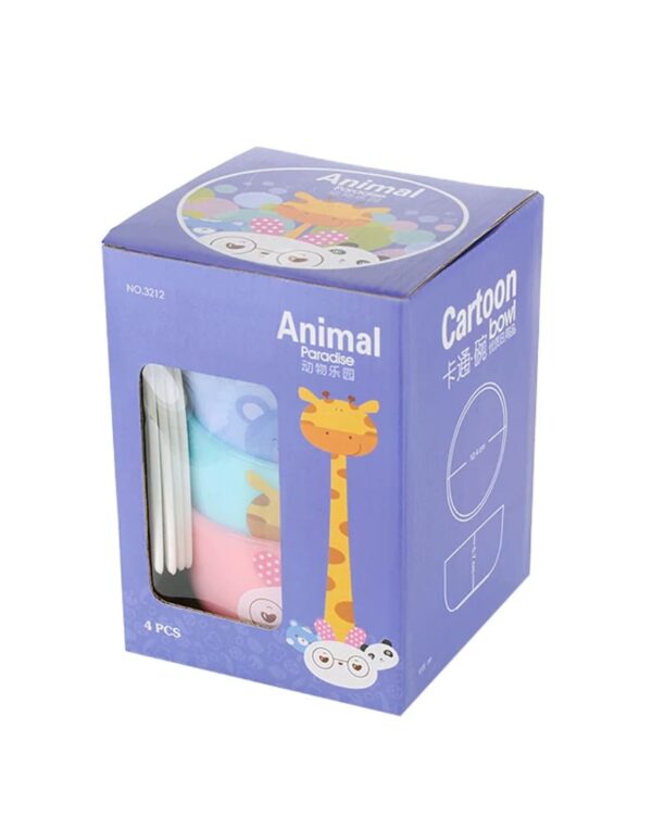 Kids cartoon animal bowl set in colorful pastel shades with matching spoons, packaged in an Animal Paradise themed gift box.