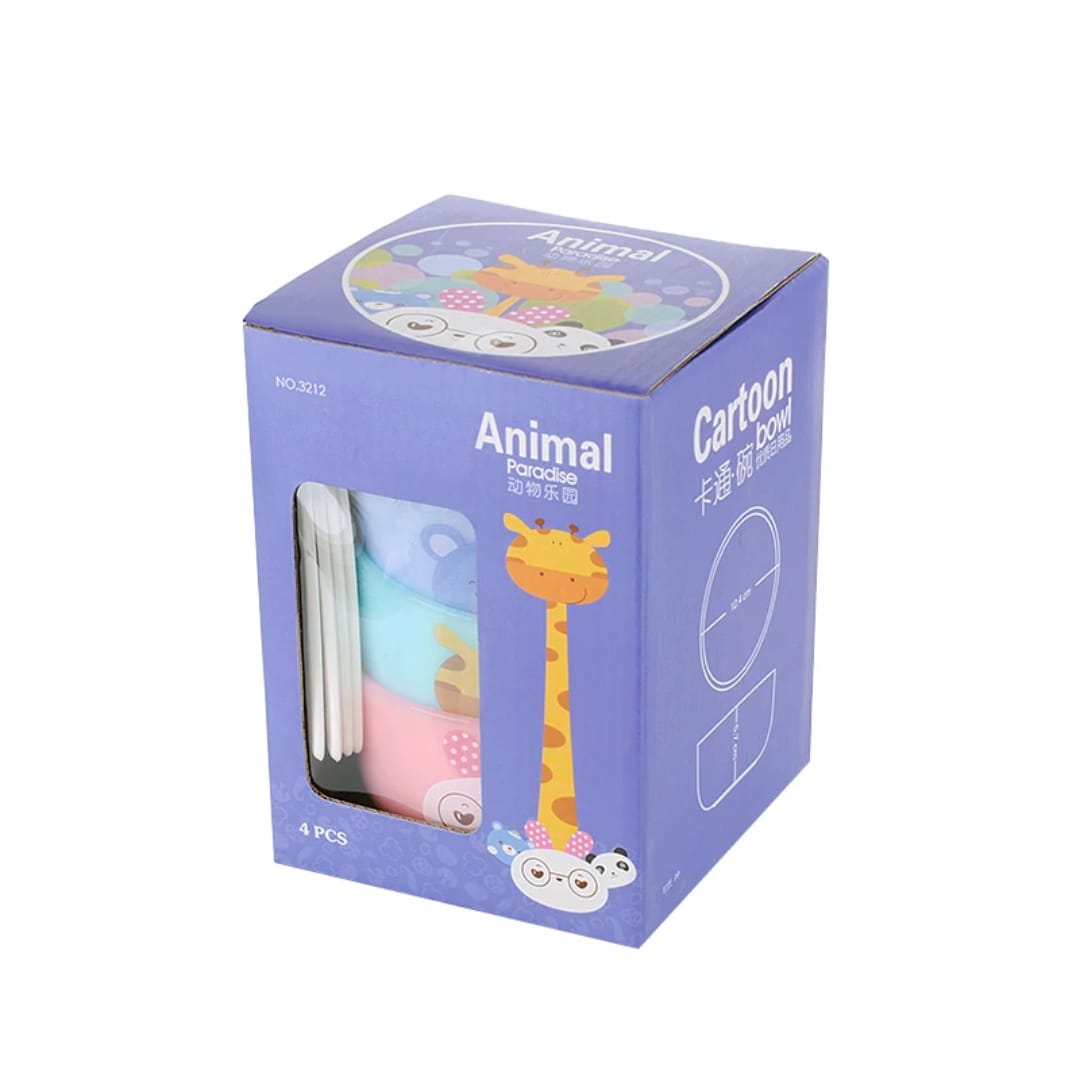 Kids cartoon animal bowl set in colorful pastel shades with matching spoons, packaged in an Animal Paradise themed gift box.
