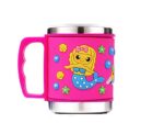 Pink kids stainless steel mug featuring a cute mermaid cartoon design with a sturdy handle for easy drinking.