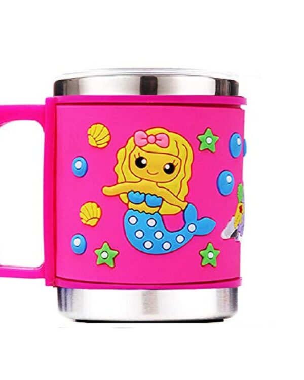 Pink kids stainless steel mug featuring a cute mermaid cartoon design with a sturdy handle for easy drinking.