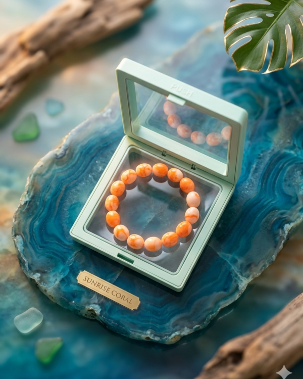Natural orange marble-pattern beaded stretch bracelet arranged in a circular shape on a textured grey stone surface, featuring smooth oval beads with elegant orange and cream swirls, suitable for fashion jewelry and daily wear.