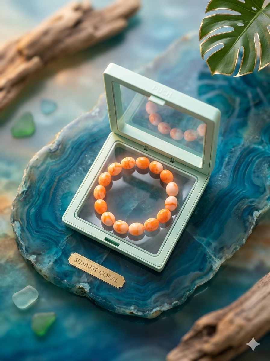 StoneBracelet Natural orange marble-pattern beaded stretch bracelet arranged in a circular shape on a textured grey stone surface, featuring smooth oval beads with elegant orange and cream swirls, suitable for fashion jewelry and daily wear.