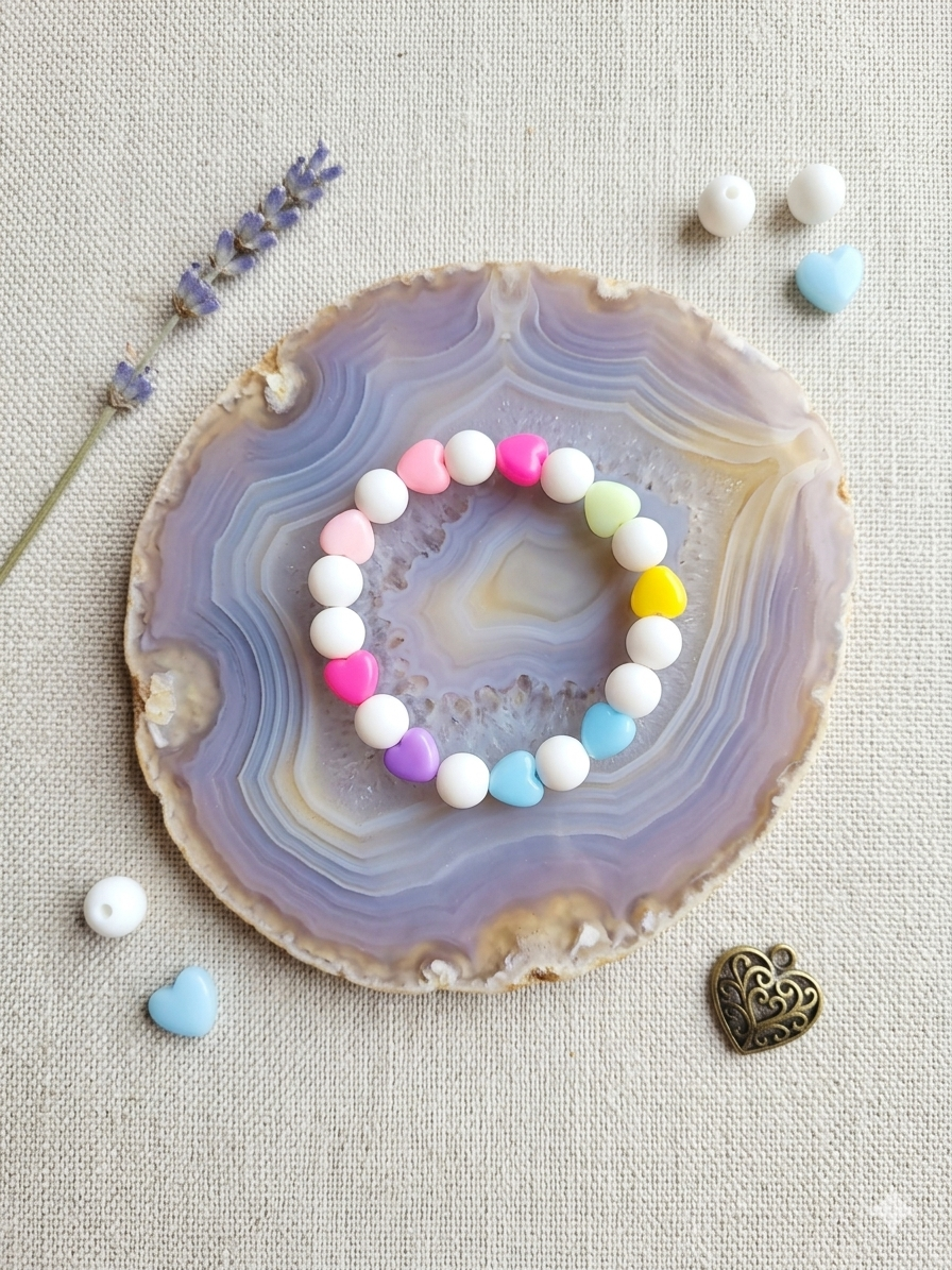 cute elastic heart bead bracelet Cute colorful heart bead bracelet with pastel pink, blue, yellow, green, and purple heart-shaped beads displayed inside a transparent jewelry display box on a wooden surface with decorative flowers and accessories.