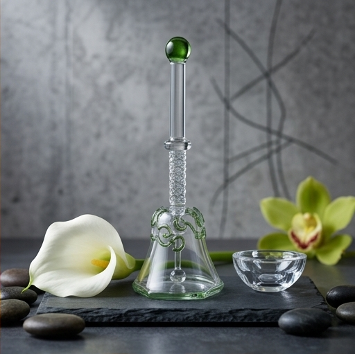 Handcrafted crystal glass Om pooja bell placed on an intricately carved wooden surface with traditional brass and copper vessels in the background.