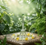 Handcrafted crystal glass Om pooja bell encircled by fresh white and yellow jasmine flowers on a rustic wooden table surrounded by lush green plants.