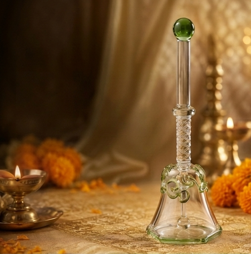 Clear crystal glass Om pooja bell with a green finial set on a golden cloth beside a glowing brass diya lamp and marigold flowers.